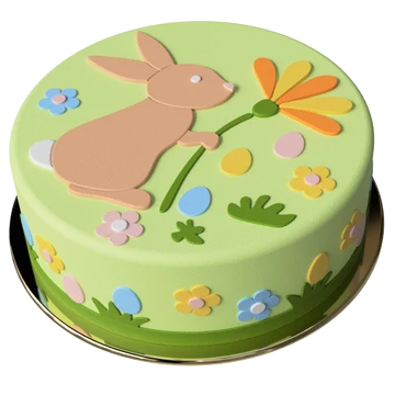 Egy kész, zöld alapú húsvéti torta nyuszival és virágokkal.