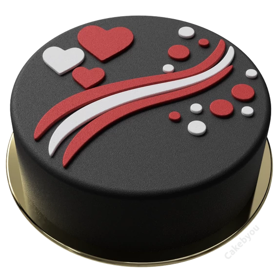 Fekete fondanttal bevont kerek torta piros és fehér szívekkel, hullámos díszítővonalakkal és pöttyökkel
