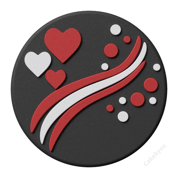 Mélyfekete torta piros és fehér szív dekorációkkal és íves vonalakkal